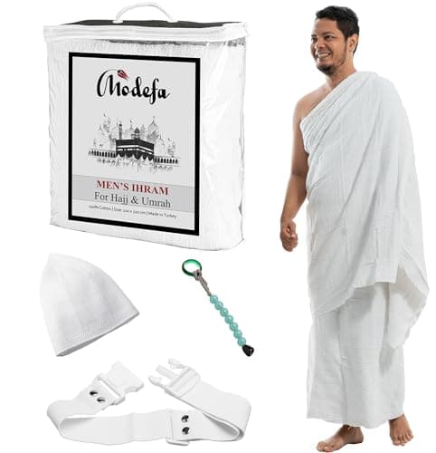 Modefa Islamic Mens Ihram Towel Set for Hajj Umrah 2 Piece Set 110 x 220 100 Cotton Combo with Belt Kufi and Tawaf Beads