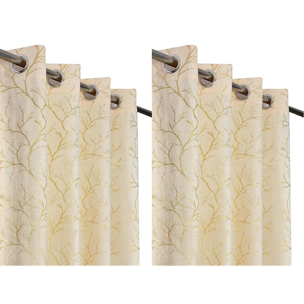 Galaxy Home Decor Premium Foil Leaf Print Velvet Fabric Curtains for Window 5 Feet Pack of 2 Cream