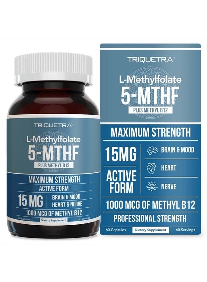 L Methyl Folate 15mg plus Methyl B12 Cofactor - Professional Strength, Active 5-MTHF Form - Supports Mood, Methylation, Cognition – Bioactive forms of Vitamin B9 & B12 (60 Capsules)