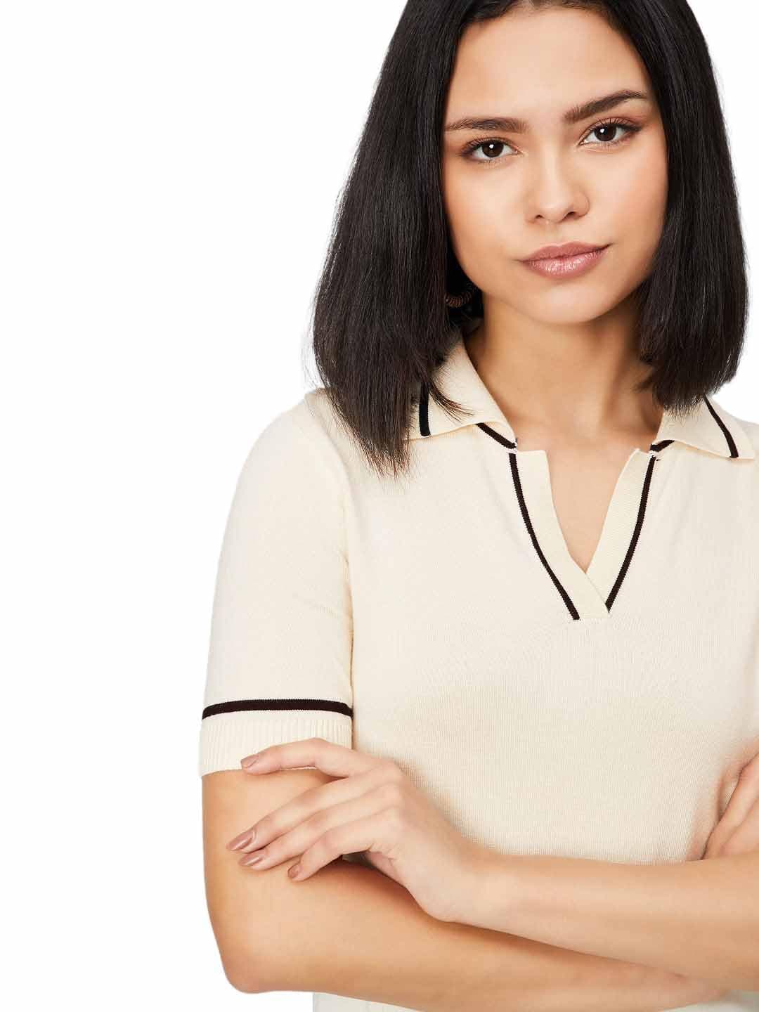 Women Knit Polo T-Shirt, Beige, L