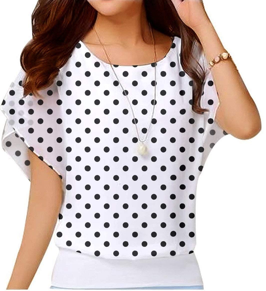 Neineiwu Women's Casual Short Sleeve Crewneck Loose Tops Blouses Shirt (Black Polka Dot,X-Large)