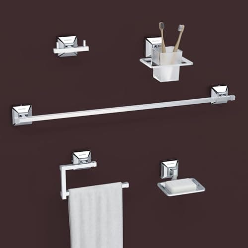 Plantex 304 Grade Stainless Steel Bathroom Accessories Set of 5 - Towel Rod/Hand Napkin Hanger for Wash Basin/Soap Case/Toothbrush Holder/Robe Hook - Squaro (Chrome)