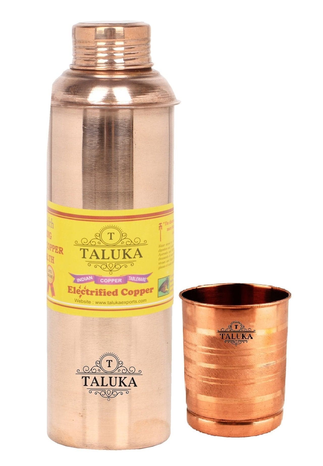 Taluka Handmade Pure Copper Bisleri Design Travel Bottle 800 ml with Plain Glass Tumbler 300 ml Each (Brown)