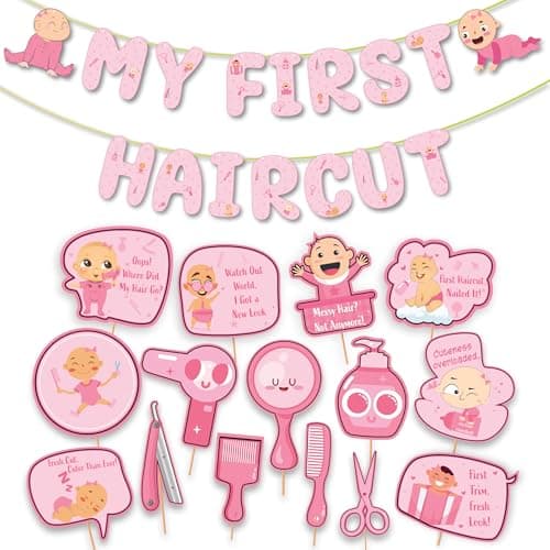 Party Propz Pink Theme First Haircut/Mundan Ceremony Decoration for Baby Girl -16 Pcs Mundan Decoration, My First Hair Cut Decoration for Kids, My First Hair Cut Banner and Photo Props (Cardstock)