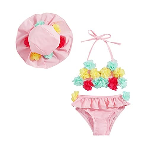 Yccutest Infant Baby Girl Flower Swimsuit 3Pcs Halter Triangle Tops Ruffle Bottoms Sun Hat Bikini Set Bathing Suit Swimwear (B-Pink,0-6 Months)
