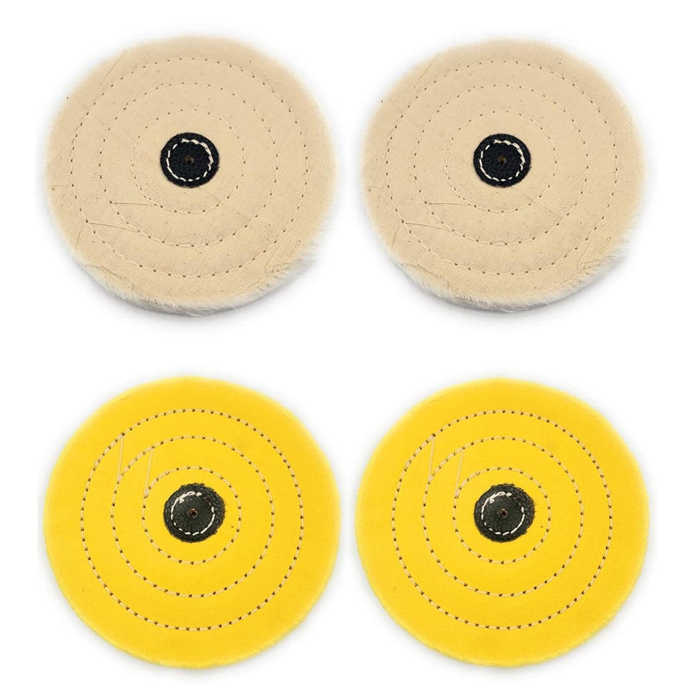 Fozti Polishing White Yellow Muslin Cloth Buff 6 x50 Folds Stitched Buffing Wheel Leather Hub Kit of 4 to Polish Buff GoldSilverOther Metal for JewelleryHobby Craft for Bench Grinder