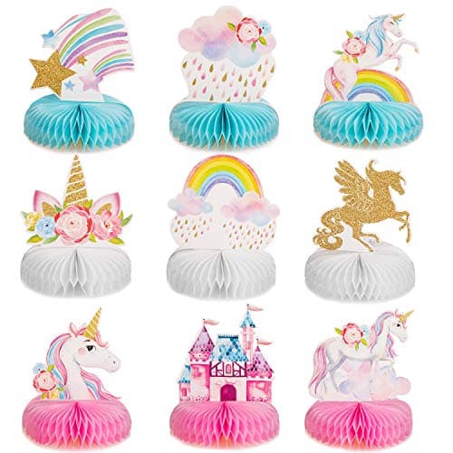 Outus 9 Pieces Unicorn Birthday Party Supplies Rainbow Honeycomb Centerpiece Table Decorations for Unicorn Party Decorations