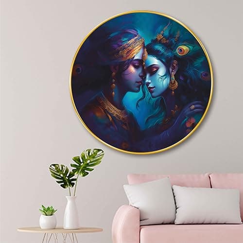 SAF Radha Krishna Round Wall Painting – Divine Love Artwork with Peacock Feather & Royal Blue Theme | Spiritual Home Décor for Living Room, Bedroom, Temple & Gift (20 X 20 Inch) GRL-281