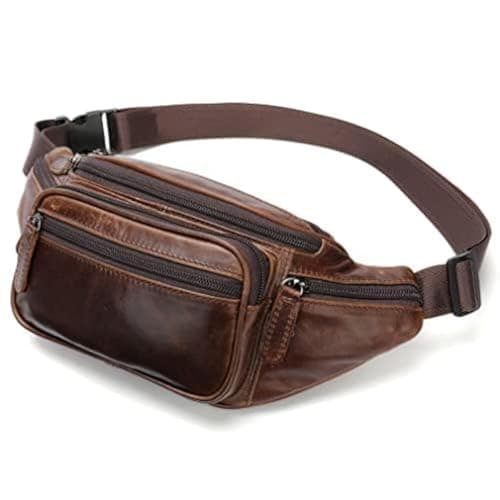 Leather Fanny Pack Waist Bag for Men Women Outdoor Travel Hiking Camping Walking Running Hip Bum Belt Slim Cell Phone Purse Wallet Pouch Coffee