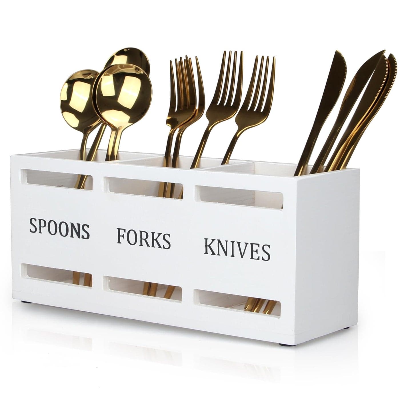 Wooden Silverware Cutlery Holder White Flatware Caddy Small Kitchen Utensil Holders for Party Wood Silverware Organizer Storage for Table Countertop Spoon and Fork Holder Utensils Caddy Basket