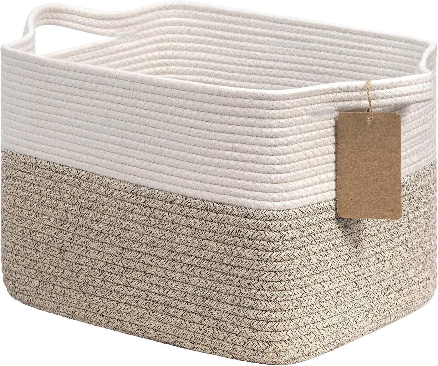 Goodpick Woven Storage Basket Cotton Rope Basket for Dog Toys Books Stylish Gift Basket with Handles 13 x 10 x 9 Inches Square Baskets for Organizing Brown and White