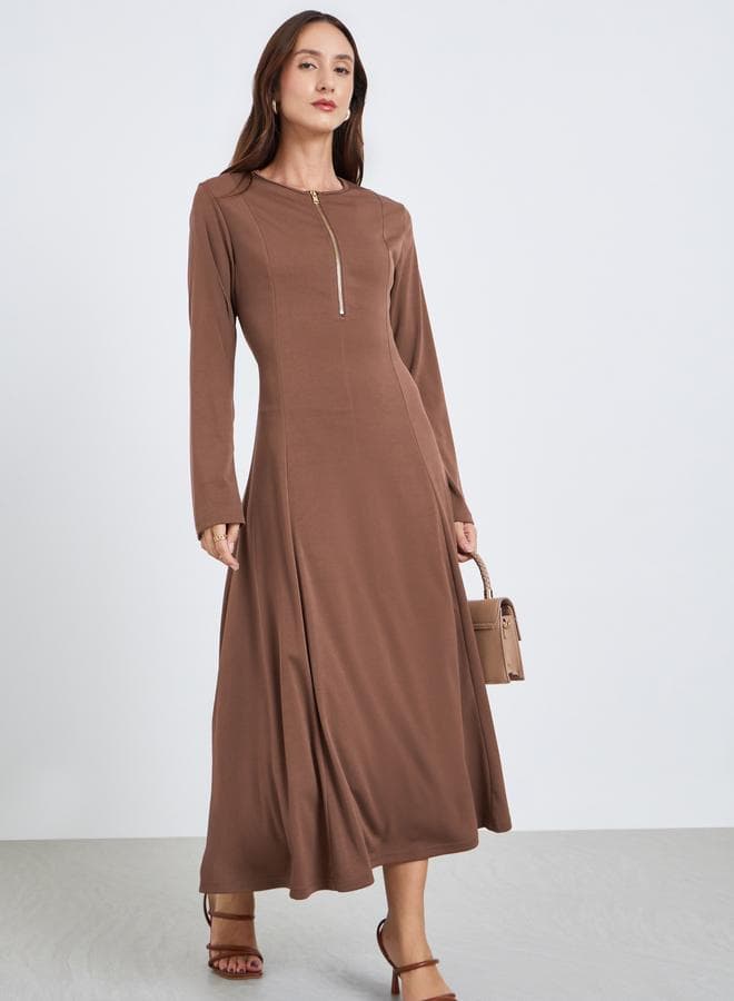 Women Round Neck Half Zip-up Fitted Maxi Dress