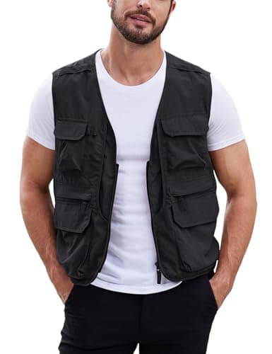 Gihuo Men's Utility Fishing Vest Lightweight Outdoor Work Safari Travel Cargo Vest with Multi-Pockets (US, Alpha, X-Large, Regular, Regular, Black)