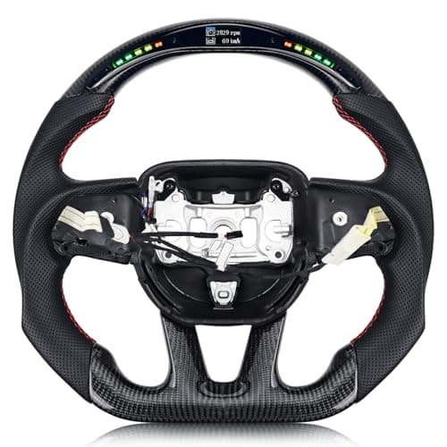 VOONKE Real Carbon Fiber Steering Wheel Red Stitching For Dodge Charger/Challenger/SXT/GT/RT/SRT/Heallcat D-shaped LED Shift Indicator Nappa Perforated Leather Flat-bottom Steering Wheel-With Heat