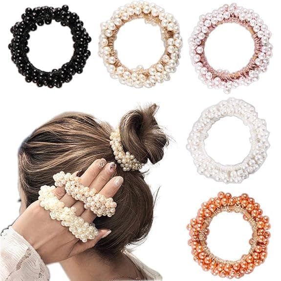 RAMPKD Fashion Pearls Bead Elastic Rubber Hair Bands Elegant Headwear Women Girl Hair Rope Scrunchy Ponytail Jewelry Hair AccessoriesMulti color PACK OF12