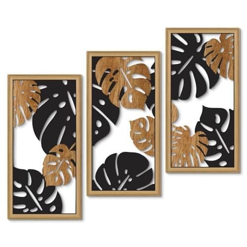 Putuo Decor Monstera Leaf Wall Art, Set of 3 Tropical Plant Aesthetic Boho Decor, Modern Black Botanical Art for Living Room Bedroom Office 16x8 Inches