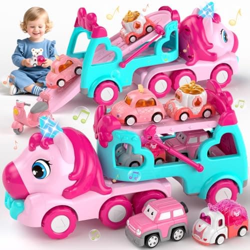 newcrave 7 in 1 Carrier Truck Cars Toys for 1 2 3 Year Old Girls Toddlers Girl Toy with 6 Mini Cars Princess Girl Car Toys Age 1 2 with Light Music 2 Year Old Girls Gifts for Christmas Birthday