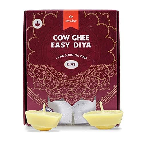 Swaha Premium Cow Ghee Diya Wicks (12 Pieces), 4hr Burning Time, Wax Free Cow ghee Diya for puja - Pack of 1