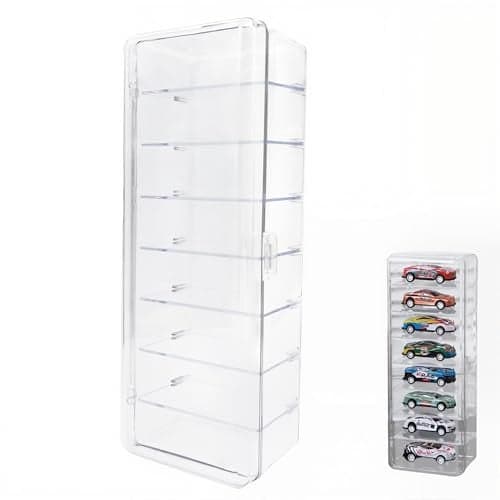 HASTHIP® Mini Racing Car Models Clear Display Box with Door, 8-Compartments Vertical Display Box with Removable Clear Shelves, Collectible Car Toy Organizer Case Desk Display Box, 7.5x10.5x26cm