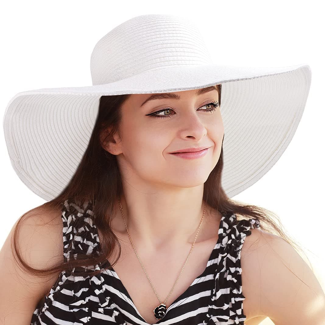 Beach Wide Brim Sun Hat Womens Sunhat Ladies Straw Floppy Large White 7 14