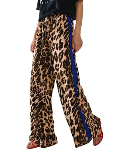 Charfille Women's Casual Pants Drawstring Leopard Print Color Block Side Striped Straight Leg Wide Leg Loose Pants (2-Yellow Blue, XL)