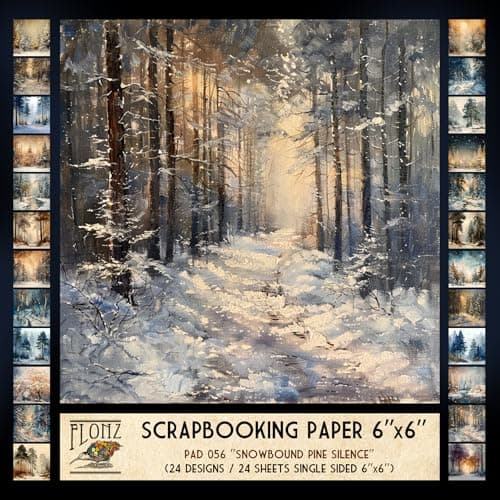 FLONZ Scrapbook Paper 24 sheets 6x6 Snowbound Pine Silence Atmospheric digital paintings of serene winter forests with snowladen pines and soft light created in naturalistic painterly style