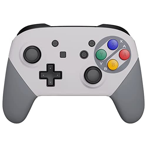 eXtremeRate SFC SNES Classic EU Style Faceplate Backplate Handles for Nintendo Switch Pro Controller Soft Touch Replacement Grip Housing Shell Cover with Colorful ABXY Buttons for Nintendo Switch Pro