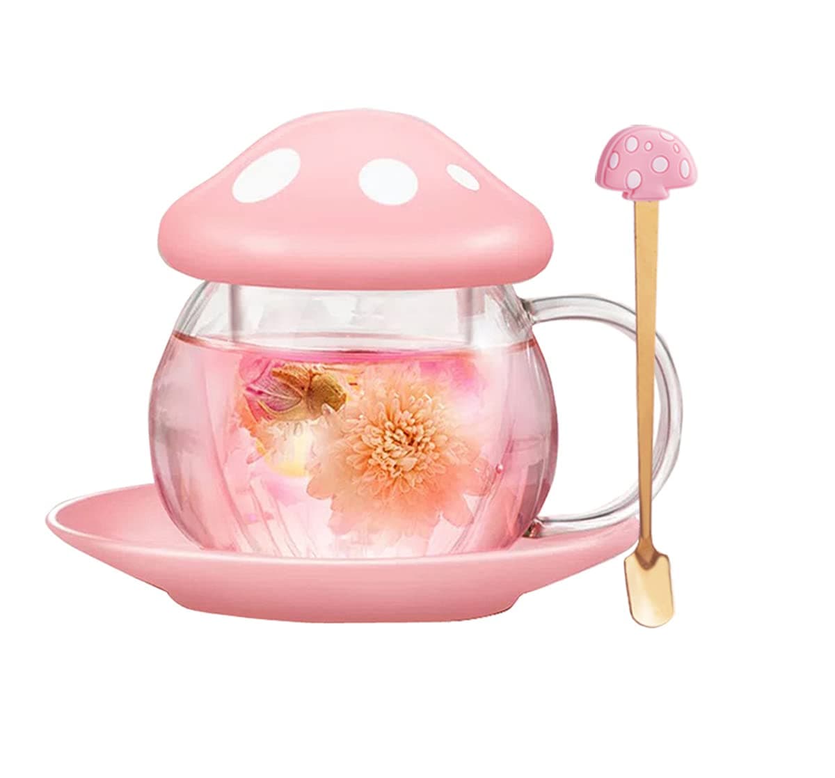 Mushroom Tea Cup Set, Cute Glass Tea Cups and Saucers, Kawaii Tea Cup with Infuser for Loose Leaf Tea Steeper, Coffee Mug Gift for Women, Tea Infuser Mug with Lid for Mother Girls (Pink)