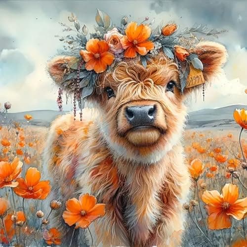 KTHOFCY 5D DIY Diamond Painting Kits for Adults Highland Cow with Flower Full Drill Embroidery Cross Stitch Crystal Rhinestone Paintings Pictures Arts Wall Decor Painting Dots Kits 118X118 inch