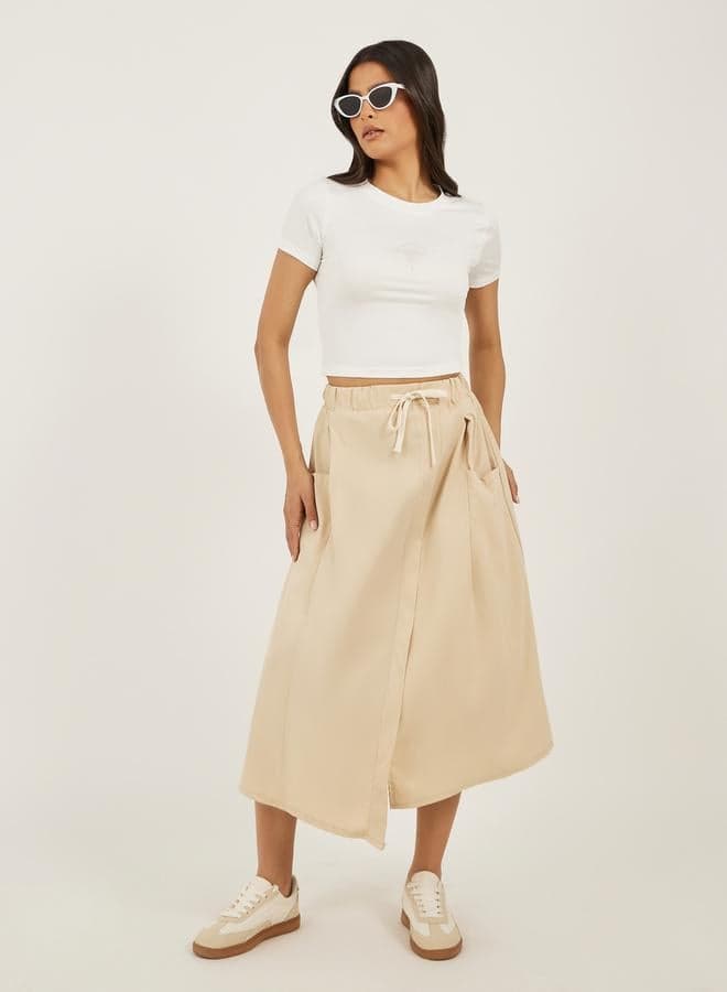 Styli Solid Drawstring Waist A-Line Midi Skirt with Pockets