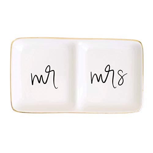 Sweet Water Decor Mr and Mrs Ring Dish - Personalized Wedding & Engagement Gift, Ring or Jewelry Dish Holder - Trinket Tray & Bedroom Decor - Ceramic White