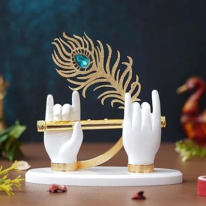 KRAFTRIUM 24K Gold Plated Krishna Ji Hands with Flute Symbol of Faith and Love Blue Hand for Car Dashboard Office Desk Pooja Temple 45 35 inch 240 gm