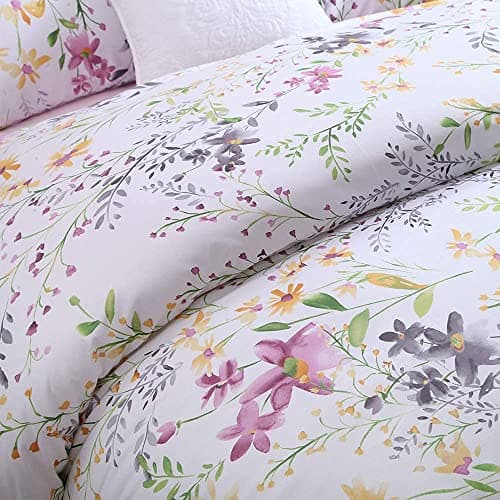 Brandream Floral Bedding Set King Size Duvet Cover Set 100 Soft Luxurious Egyptian Cotton 800 ThreadCount 3 Piece Blossom Flower Print White Pink Purple