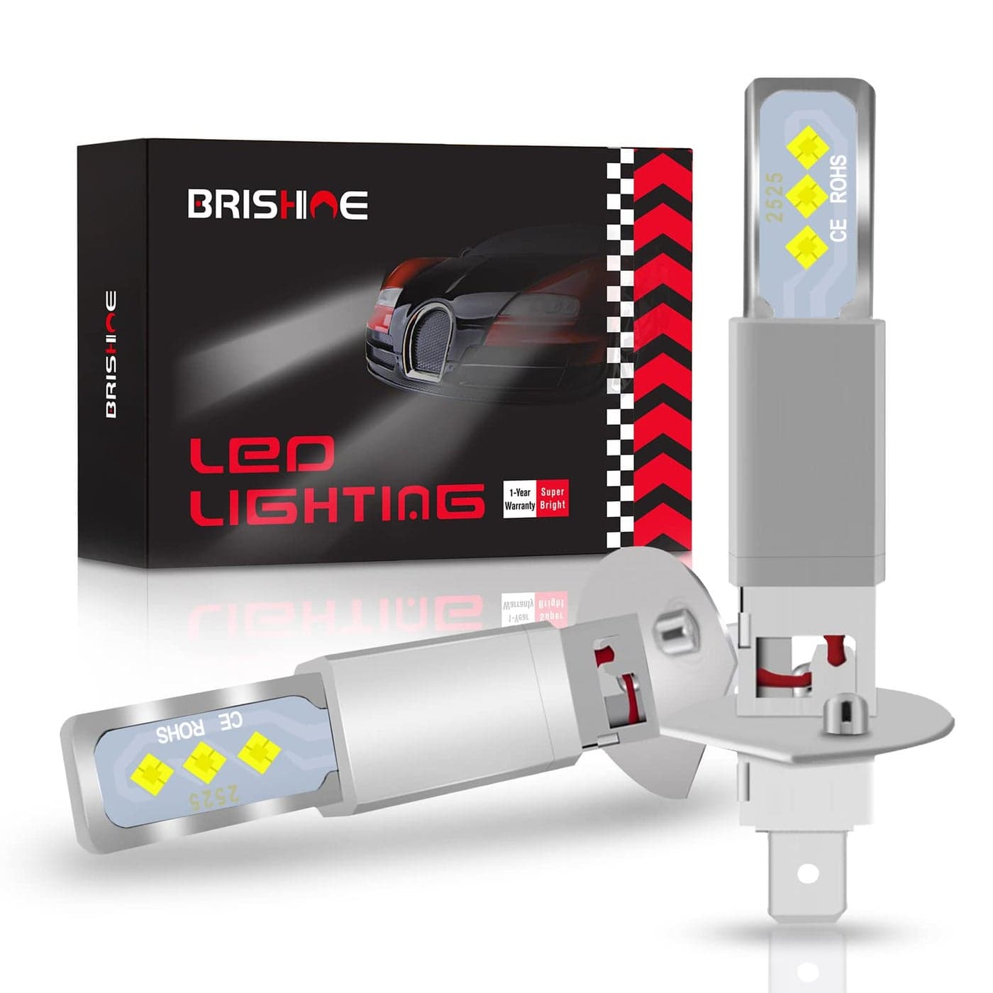 BRISHINE H1 LED Fog Light Bulbs 6000K Xenon White Extremely Bright 2525 Chips H1 LED Bulbs for Car Fog Lights Daytime Running Lights DRL Pack of 2