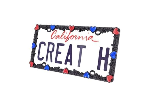 Creathome 3D Daisy Heart License Plate Frame from Pure Zinc Alloy Metal Perfect Plate Holder Matt Black Daisy with Red and Blue Reflective Heart