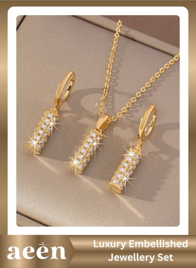 3pcs Luxury Zirconia-Embellished Jewellery Set – Elegant Cylinder Pendant Necklace & Drop Earrings, Copper Chain for Women’s Bridal, Party & Wedding Wear
