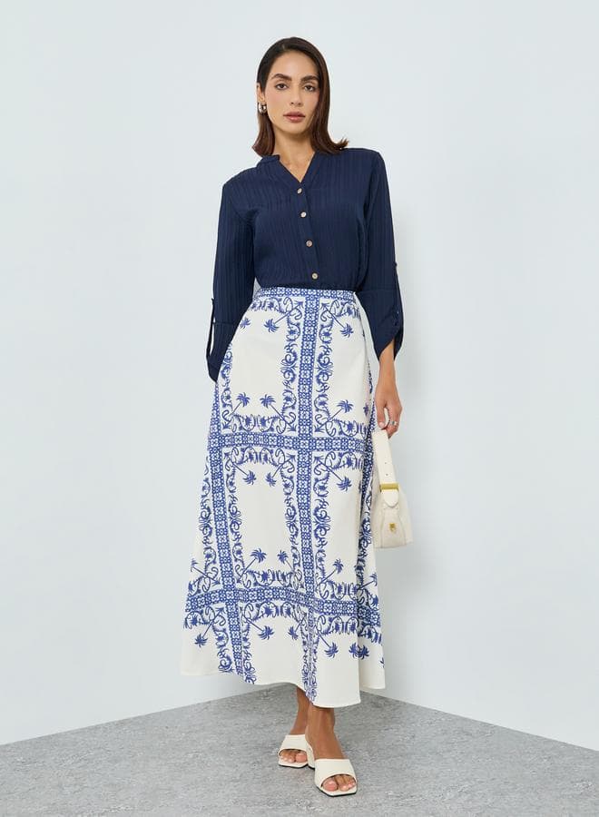 Women Blue Print Midi A-Line Skirt
