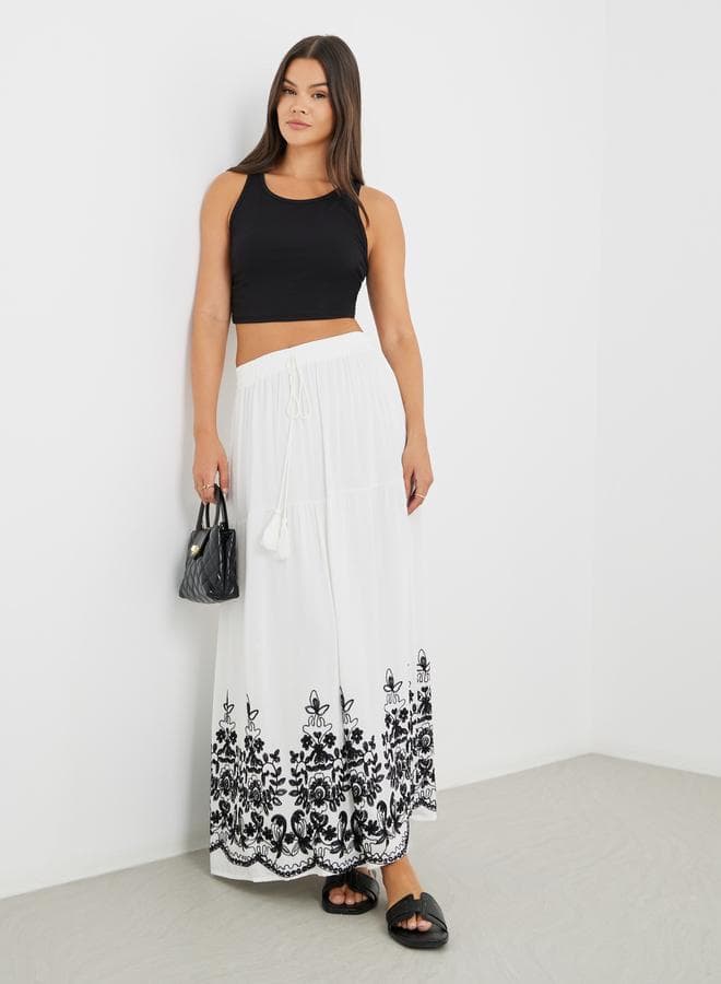 Embroidered Hem A-Line Maxi Skirt