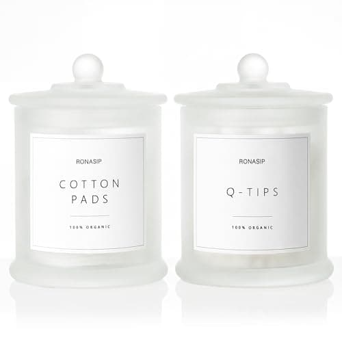 Ronasip Qtip Holder Cotton Pad Dispenser Bathroom Organizer and Storage Canisters 16oz Glass Apothecary Jars for Kitchen Restroom Home Decor Room Decor Aesthetic 2 Pack Frosted White
