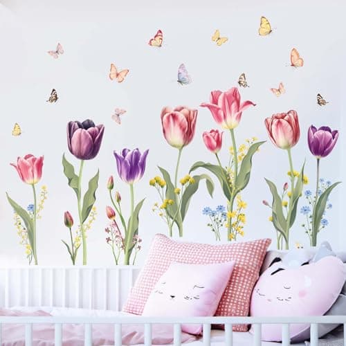 Flower Wall Stickers for Girls Room Peel and Stick Pink Wildflower Tulip Floral Wall Decals Baby Nursery Girl Bedroom Living Room Home Art Wall Decor