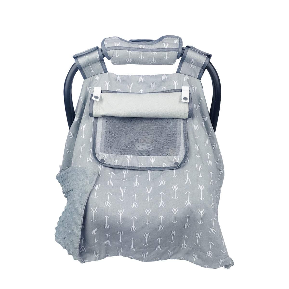 Car seat Covers for Babies boy Girl Carseat Canopy for Newborn Carrier 2 Layers Windows of meshFabric No Shifting on Carrier Handle Handle Cushion Cotton Grey Minky