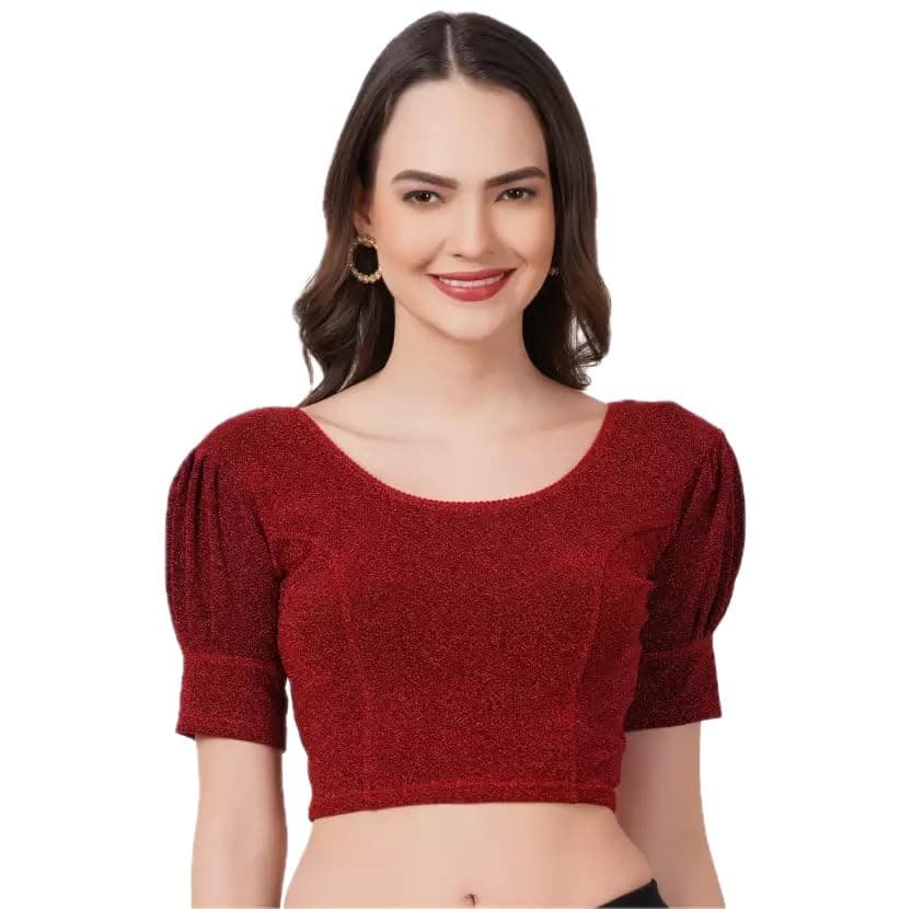 Fressia Fabrics Cotton Stretchable Elbow Sleeve Readymade Saree Blouse for Women Stylish (Maroon, X-Large)