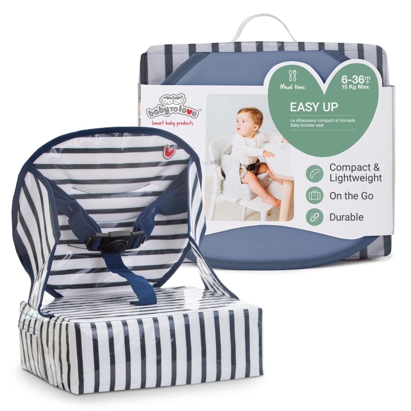 BabyToLove Easy Up Baby Booster Seat Lightweight On The Go and Easy to Carry Foldable Toddler Booster Seat with Harness for Travel and Dining Blue Stripes