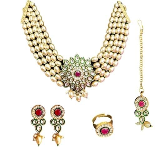 ACCESSHER Gold Plated Kundan and Pearl Jewellery Set | Traditional Bridal Necklace with Earrings, Maang Tikka & Ring | For Women & Girls