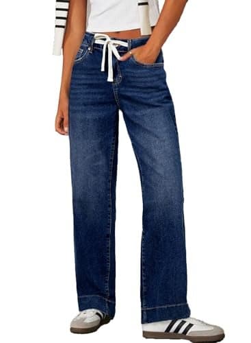 Sidefeel Women's Spring Outfit High Waisted Stretchy Straight Leg Baggy Drawstring Denim Pants Bluing Size 10