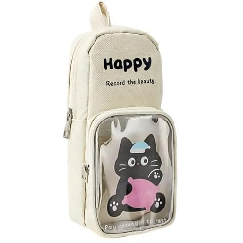 FunBlast Pencil Pouch, Stylish Pencil case, Large Capacity Hangable Canvas Pencil Case, Cute Cartoon Theme Pouch for Kids, Kawaii Pencil Case (OffWhite)