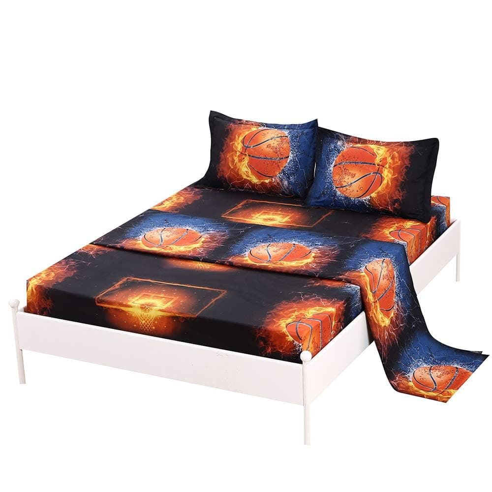 SDIII 4Pcs Fiery Basketball Sheet Set Twin Basketball with Special Effects Sheet Set Super Soft Microfiber Wrinkle and Fade Resistant for Boys Men and Basketball Sports Lovers Twin