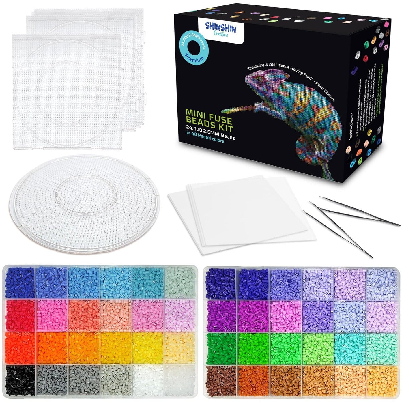 shinshin creation 24,000 Mini 2.6mm Fuse Beads Kit for Adults - 48 Vivid Pastel Colors, 5 Pegboards, 2 Tweezers - Compatible with Hama, Melty Beads, Iron Beads Craft - Bulk Storage