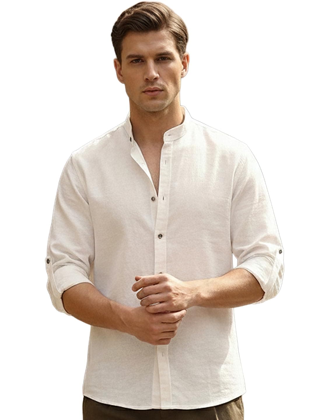 Urbano Fashion Men's White Linen Blend Full Sleeve Relaxed Fit Mandarin Collar Casual Solid Shirt (shirtlinmdfl-01-white-2xl)