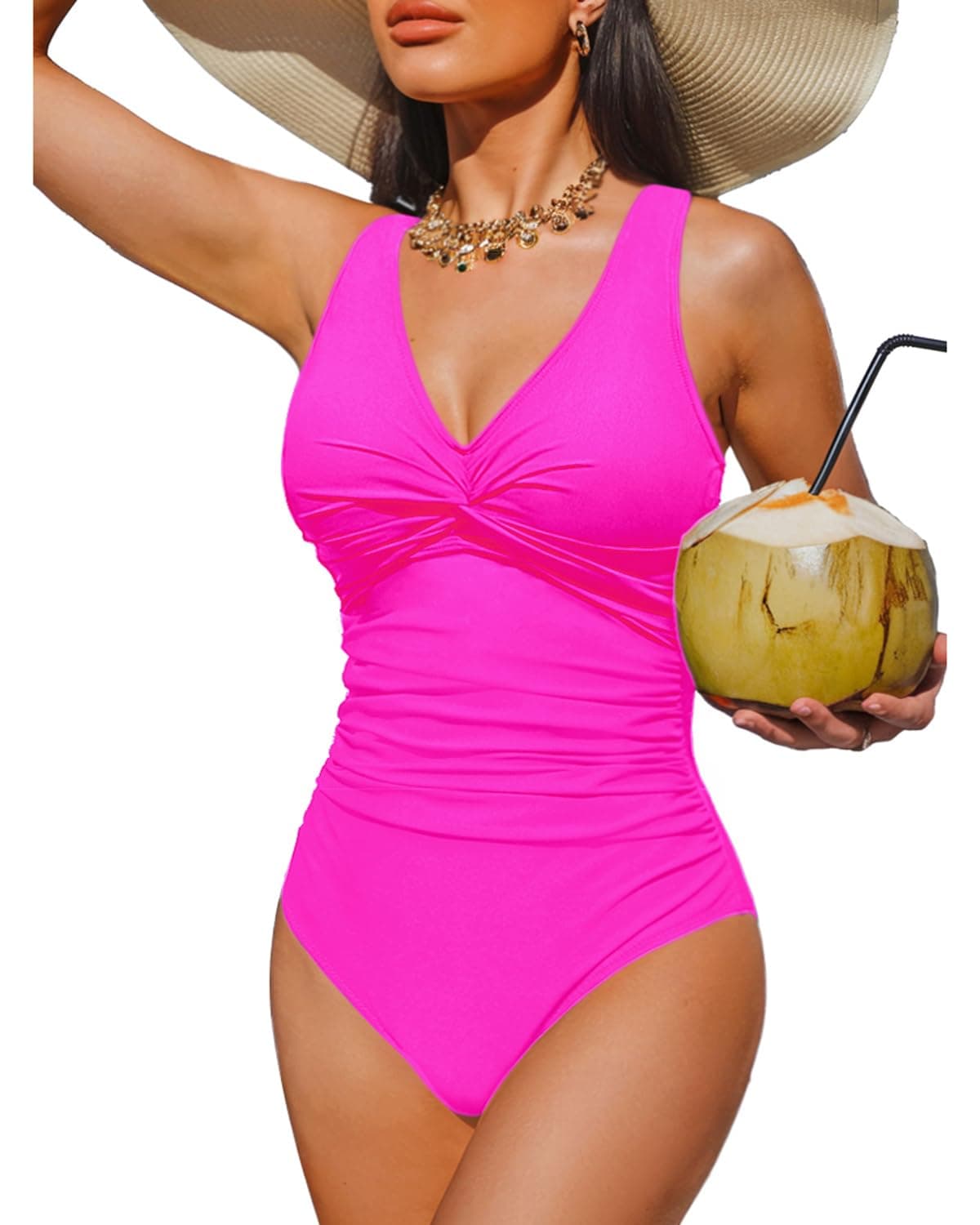 Holipick Hot Pink Women Tummy Control One Piece Swimsuit - Push Up Bathing Suit Full Coverage Slimming Swimwear M